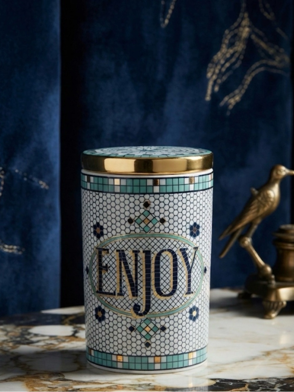 Anthropologie Bistro Tile "ENJOY" Canister - Mosaic Gold